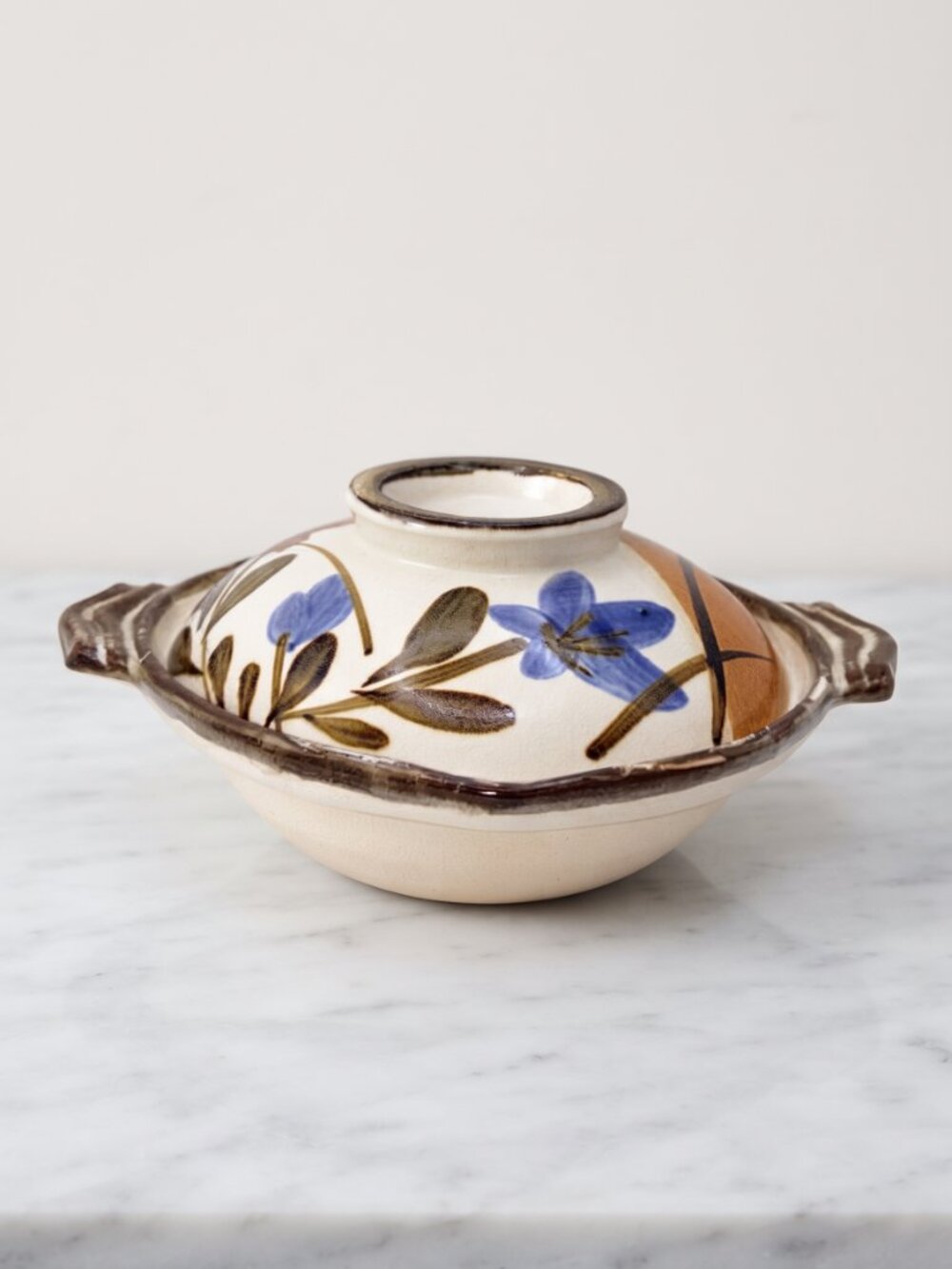 Vintage Japanese Donabe Lidded Casserole Clay Pot Floral Stoneware 9"